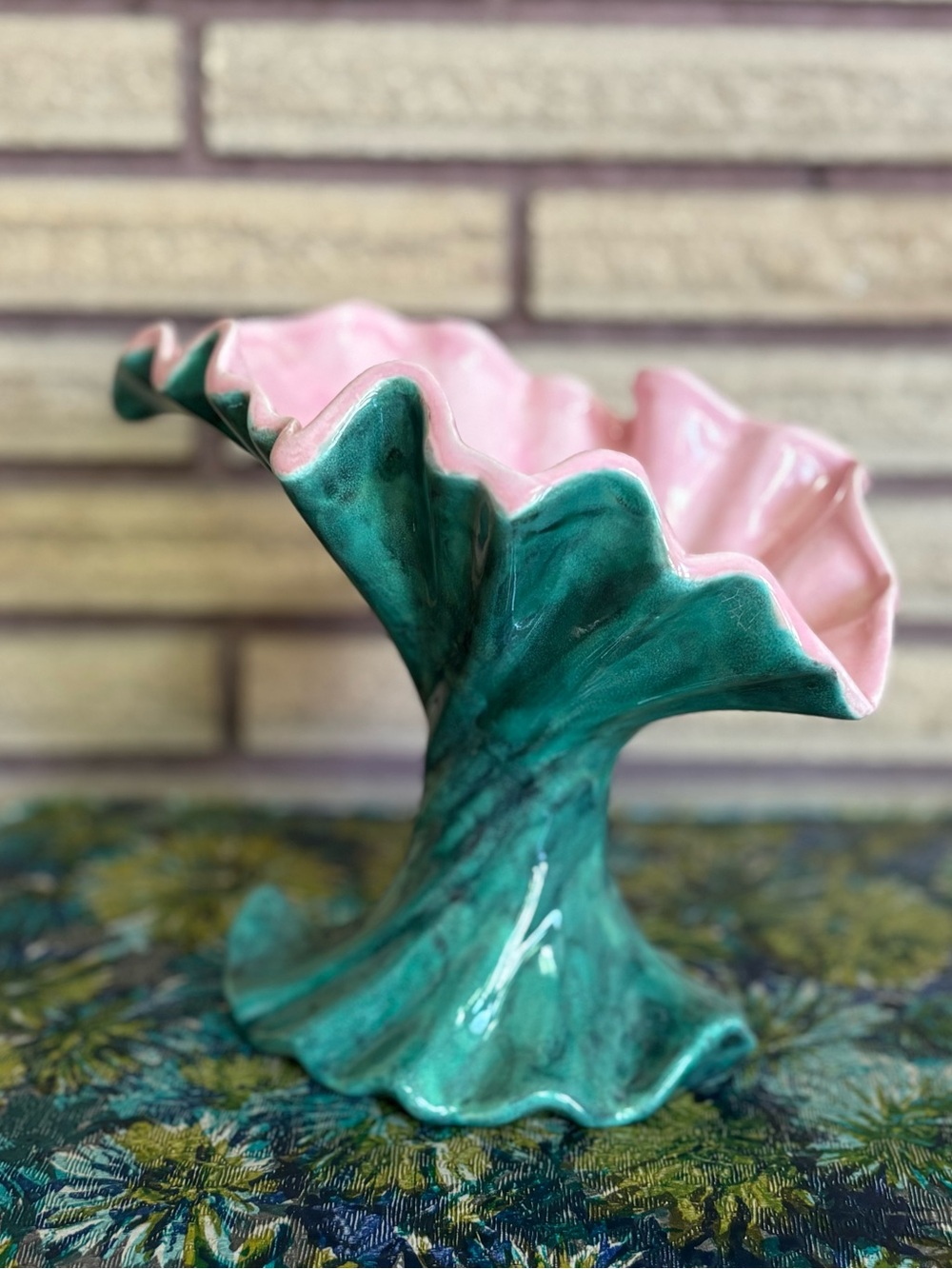 70's Teal Green and Peony Pink Asymmetrical Fluted Vase - 70's Ceramic Vase